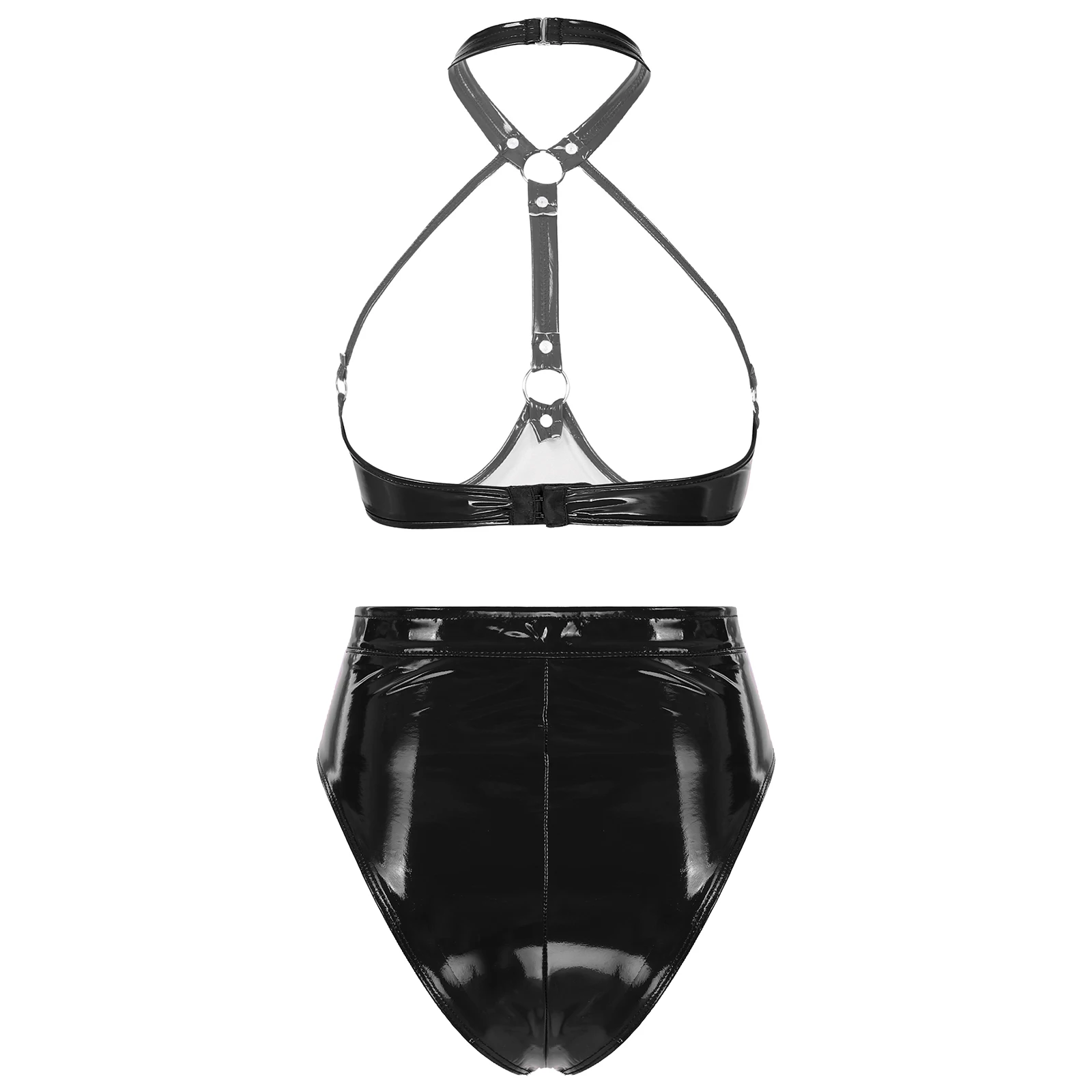 Women Erotic Lingerie Set Wet Look Patent Leather Halter Open Bust Wire-free Backless Bra Top with High Cut Front Zipper Briefs view 2