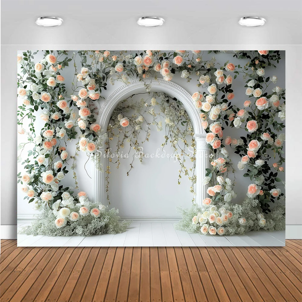 Arched Flowers Gate Photography Backdrop for Wedding Bride Shower Birthday Photo Studio Props Floral Window Background Cloth