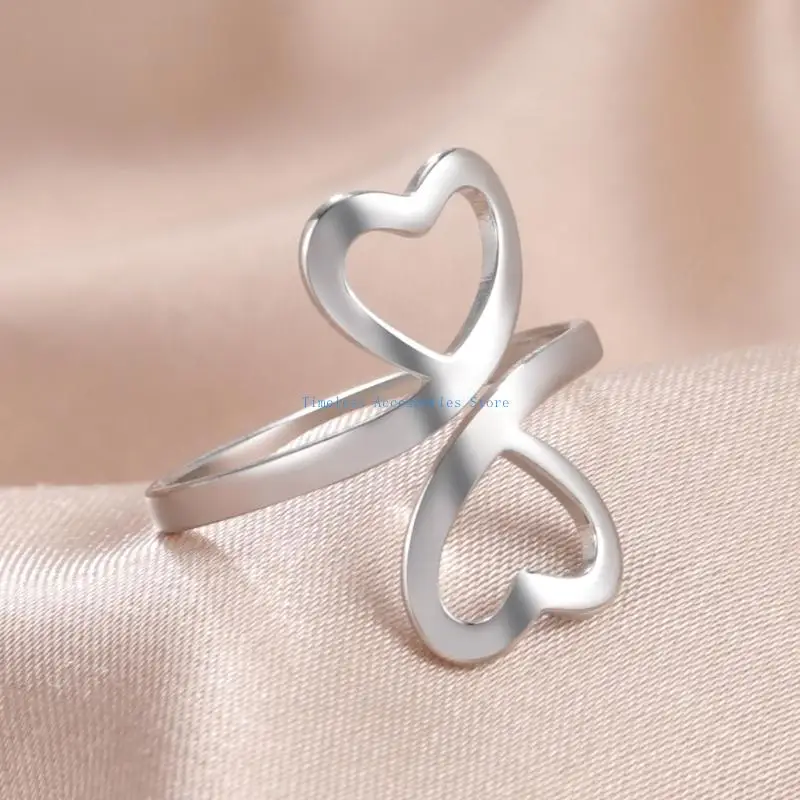 

97QE Double Heart Open Finger Rings for Women Trend Stainless Steel Rings Silver Gold Color Jewelry Wedding Engagement Gift