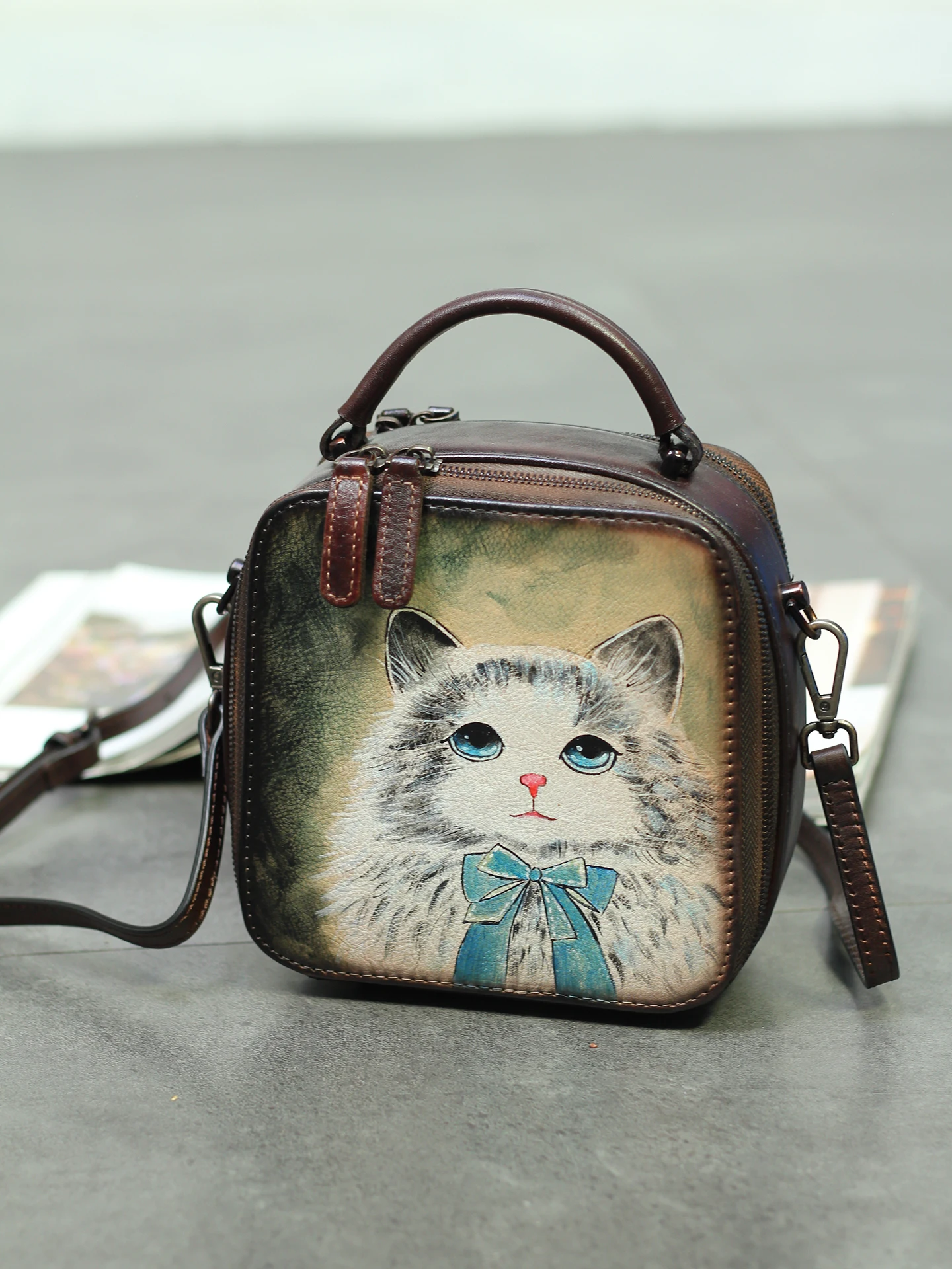 Hand-Painted Hand-Tanned Top-Layer Cowhide Leather Small Box Bag Women's Fashionable Vintage Minimalist Crossbody Handbag