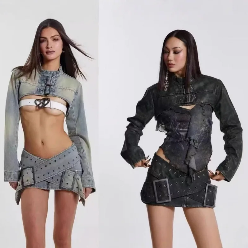 

Джинсовая куртка Jaded London в стиле ретро, сексуальная, удлиненная, с открытым поясом, облегающая, летняя верхняя одежда для женщин