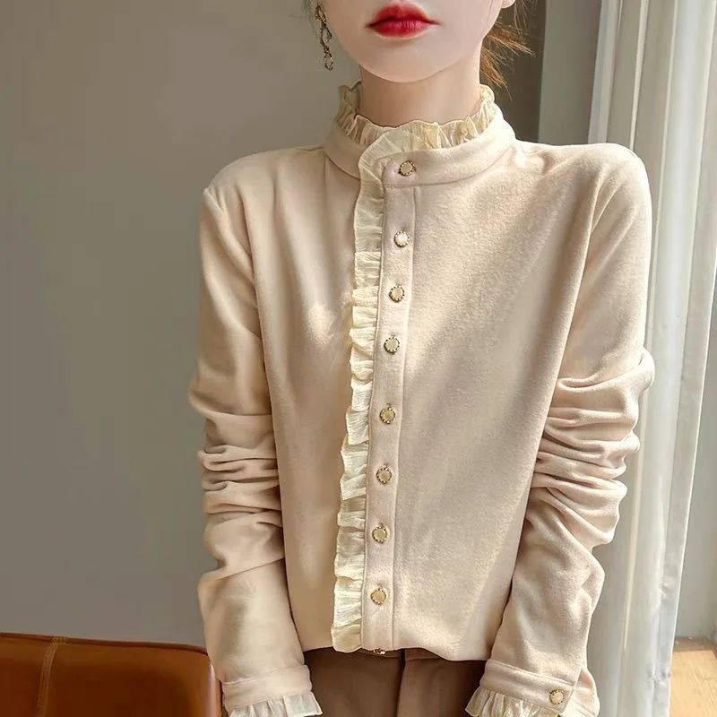 Fall 2026 Luxury Feel Ladylike Shirt Women's Thickened Velvet Base Layer Top with Lace Collar German Velvet Long Sleeve Shirt