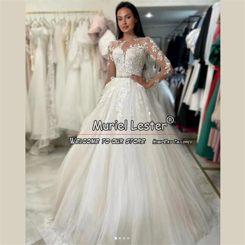 

Modern Ivory Wedding Dresses With Skin Tulle Long Sleeves O Neck Appliques Bridal Gown Custom Made Women Marriage Clothing 2024