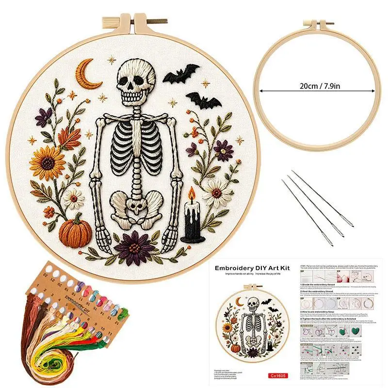 Kürbis-Skelett-Stickset mit englischer Anleitung, Faden, bedrucktem Stoff mit Muster, Set für DIY-Geschenk – Detail 5
