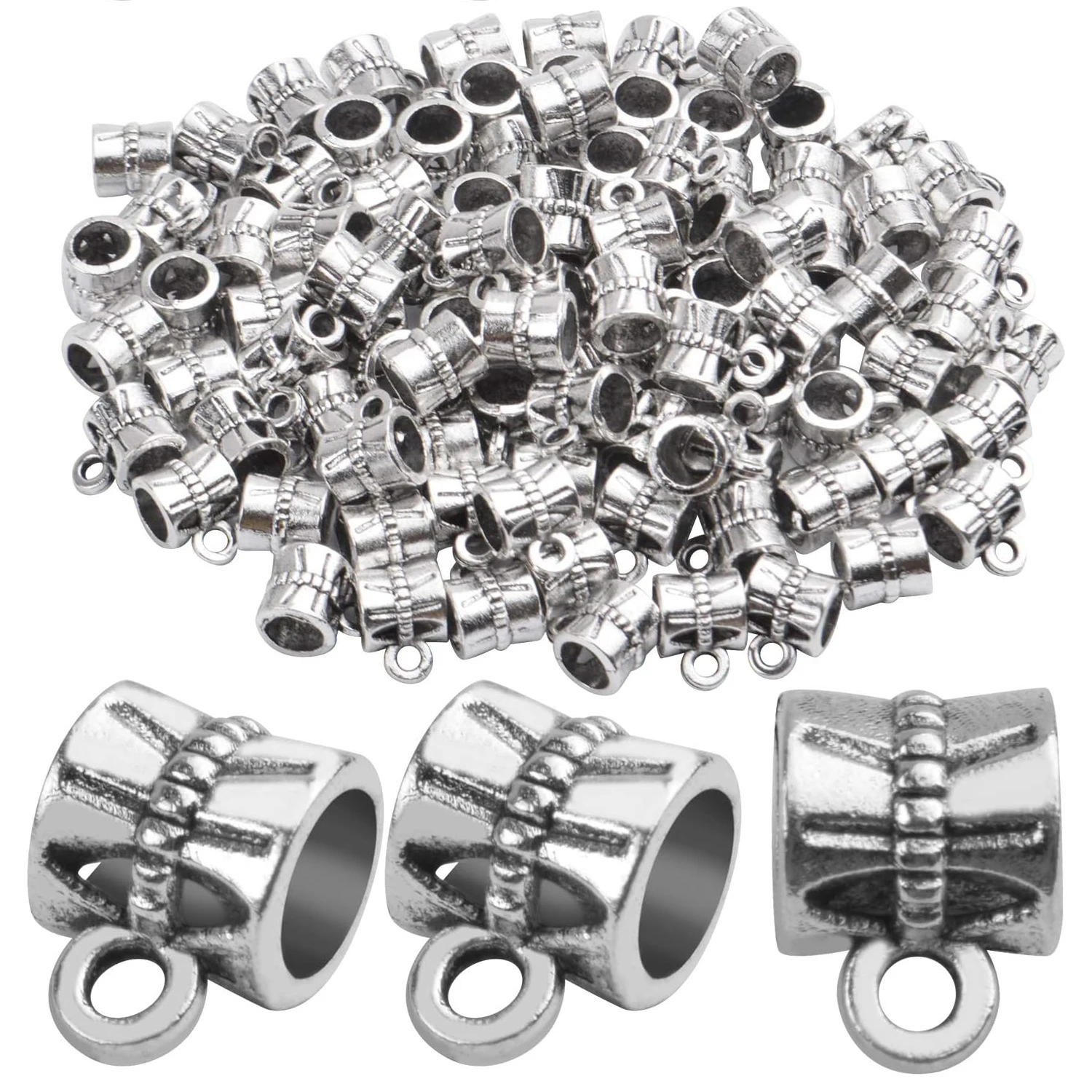 

100pcs Silver Bail Beads Bracelets Charms Dangle Connectors Tibetan Spacer Beads for Jewelry Making Crafts DIY