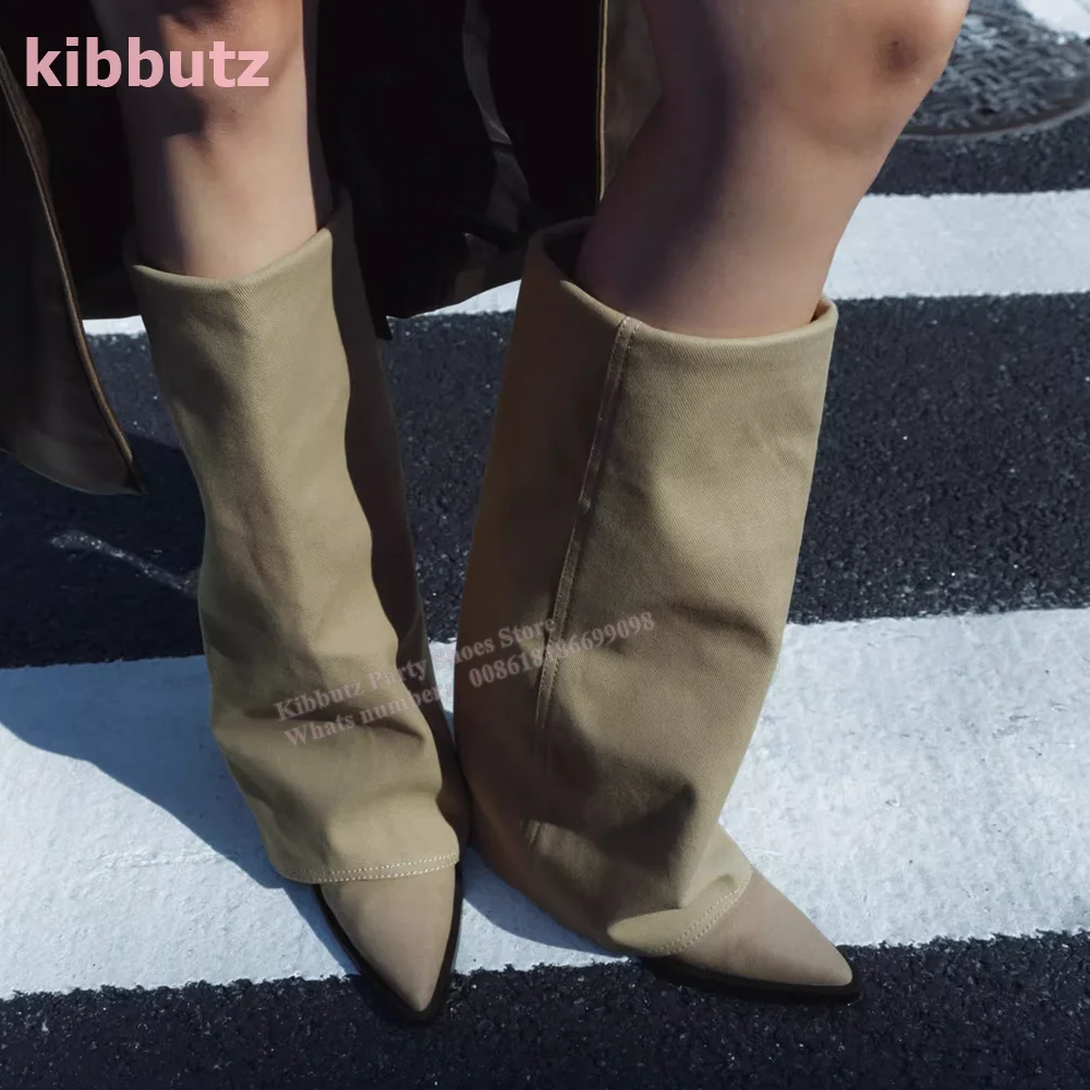 Cowboy Turned-Over Edge Tube Boots Knee High Pointed Toe Chunky Heel Slip-On Solid Retro Fashion Sexy Women Shoes 2023 Newest