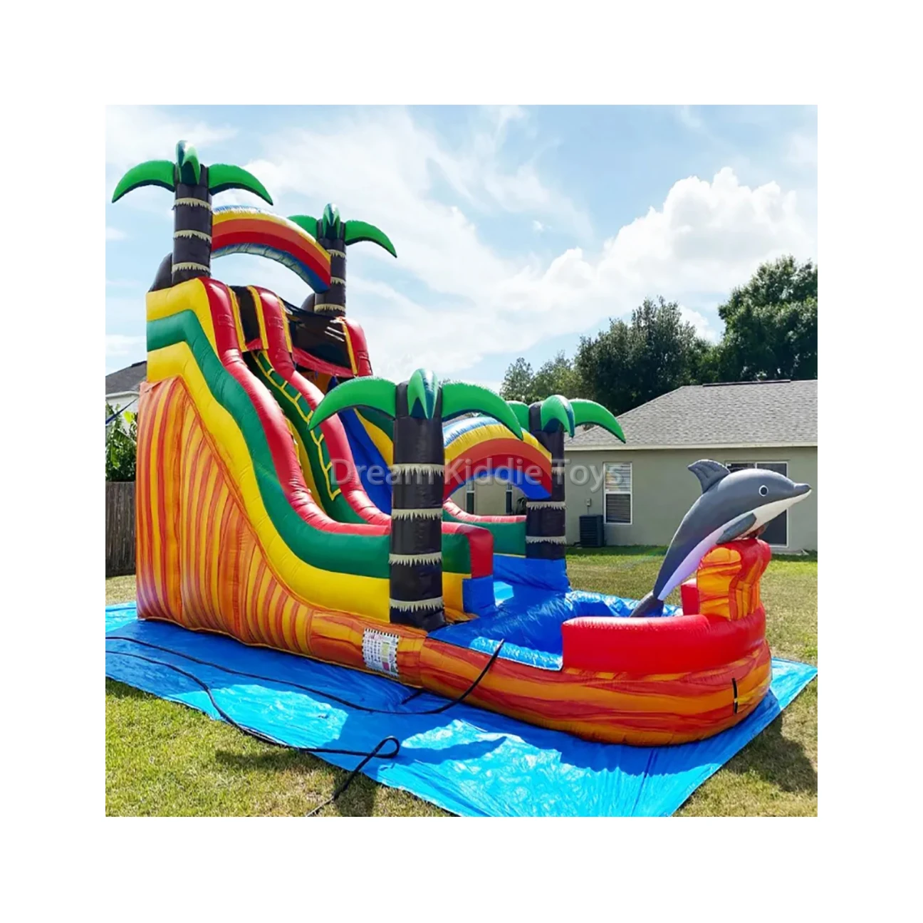 Dolphin Commercial Outdoor Inflatable Water Slide Bounce House Custom Size Kids Jumping Castles with Tropical Palm Home Shopping