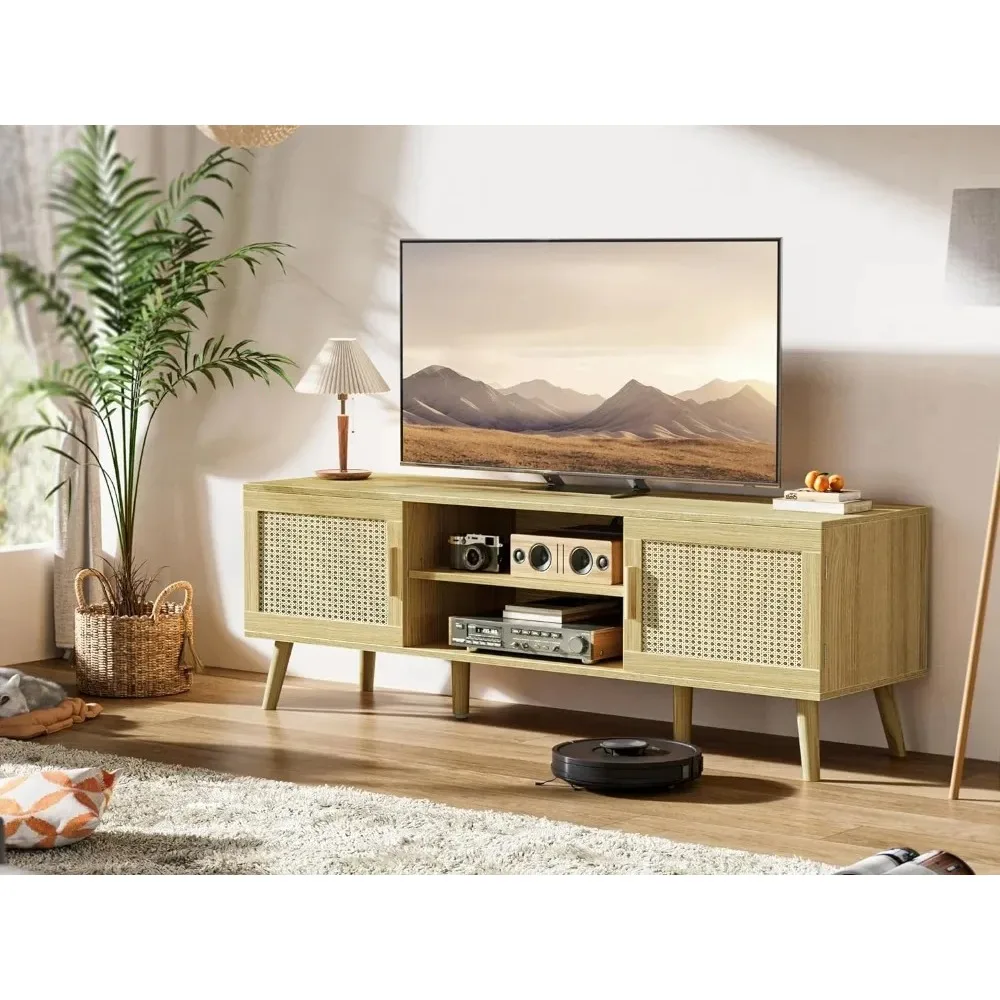 Boho TV Stand for 55 Inch TV, Entertainment Center with Adjustable Shelf, Rattan TV Console with 2 Cabinets, Media Console Solid