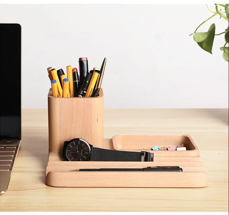 Solid wood pen holder, office desk stationery, makeup brush, storage box, light luxury wooden storage can, creative gift