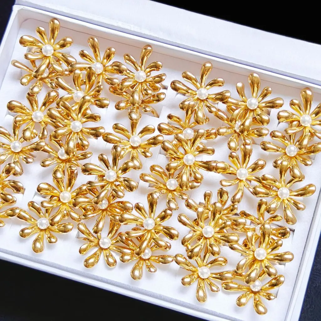 

12/24/36pcs Trendy Imitation Pearl Special Irregular 3D Flower Adjustable Rings Women Gold Plated Exaggerated Vintage Jewelry