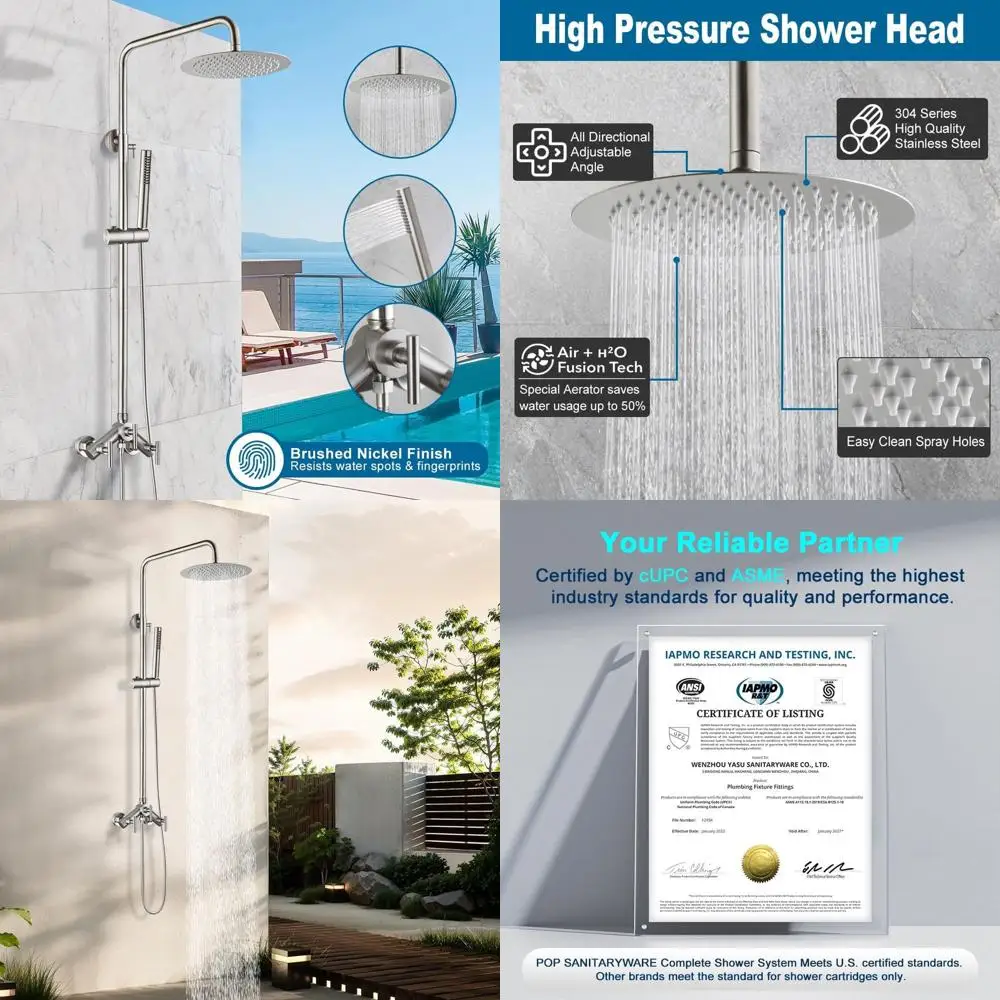 

8 High-Pressure Wall-Mounted Shower System with Brushed Nickel Finish, Dual Handle, and Combo Showerhead