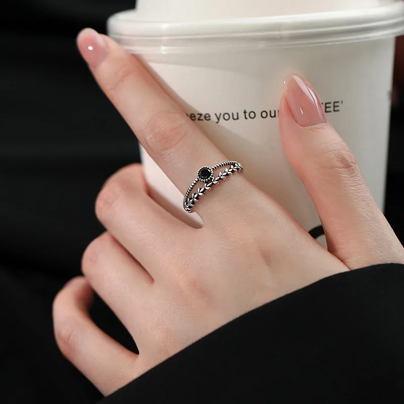 VENTFILLE 925 Sterling Silver Black Zircon Wheat Ears Leaf Ring dla kobiet Dziewczyna Prezent Dwuwarstwowa Prosta Biżuteria Dropshipping