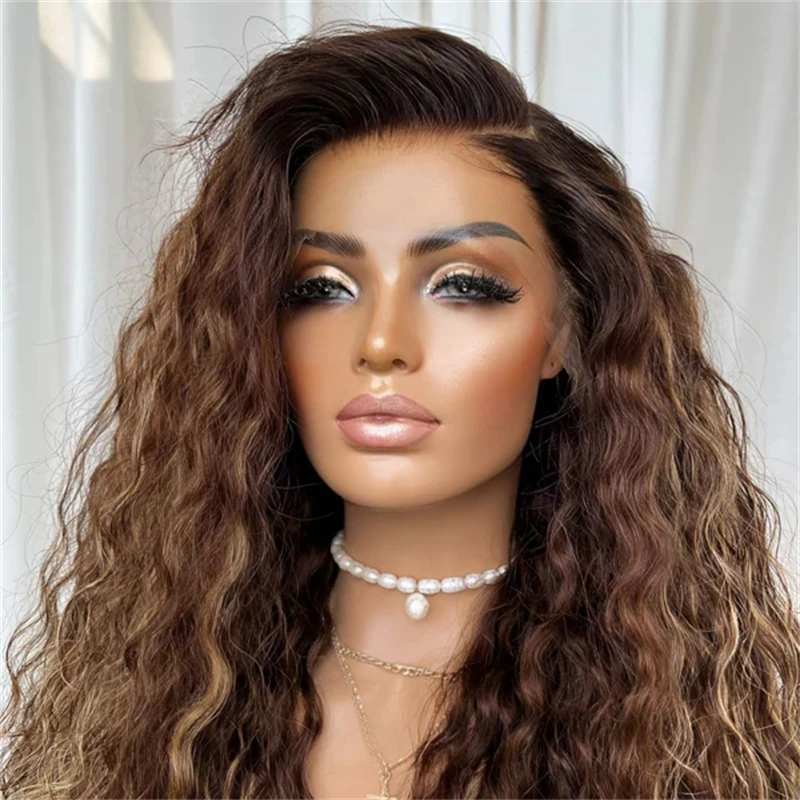 13x4 بني داكن مع خطوط شقراء العسل Balayage الاصطناعية HD الدانتيل شعر مستعار أمامي طويل عميق مجعد ألياف مقاومة للحرارة فراق عميق