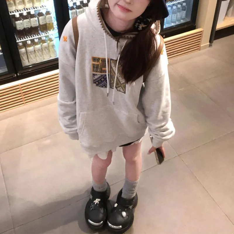 

American Vintage Patch Designs Sweatshirts Women's Clothing Stylish Embroidery Autumn Long Sleeve Casual Hooded Loose Hoodies