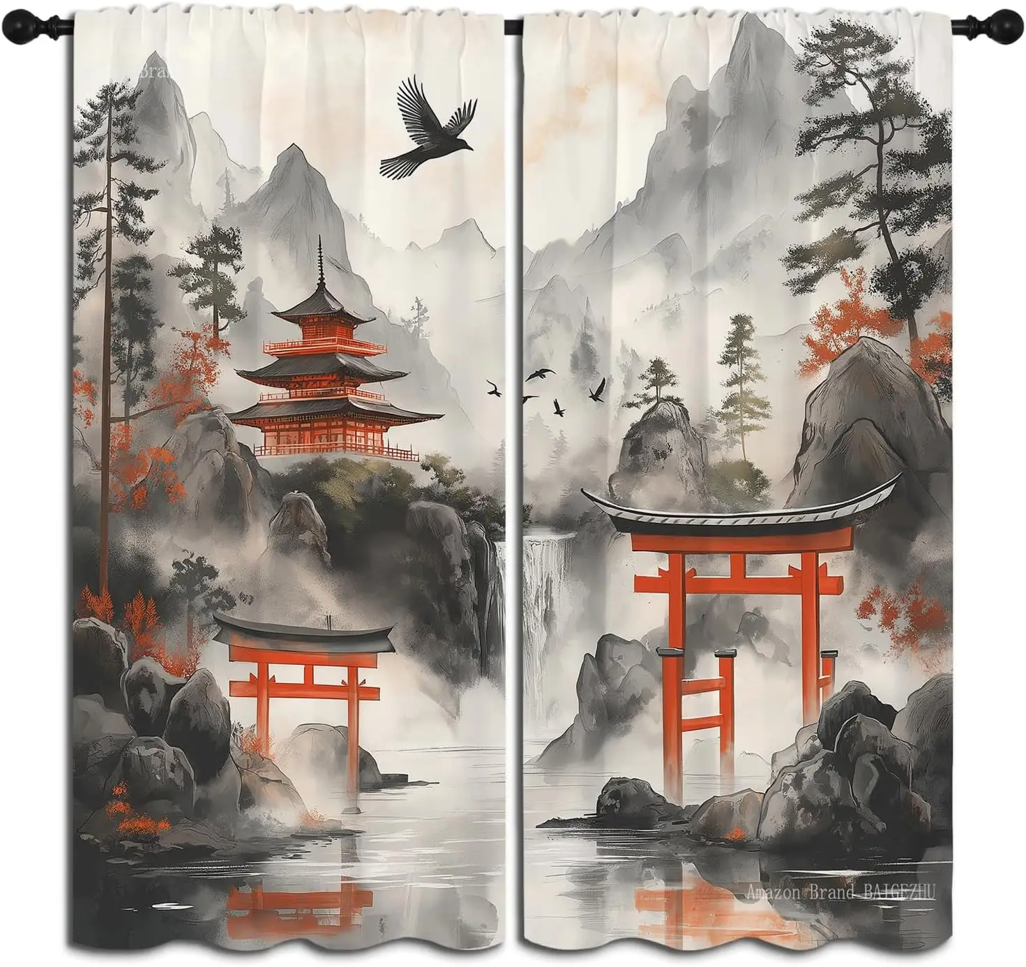 2pcs Japanese Landscape Curtains Pagoda Mountain Window Drapes Asian Ink Art Decor for Living Room Bedroom