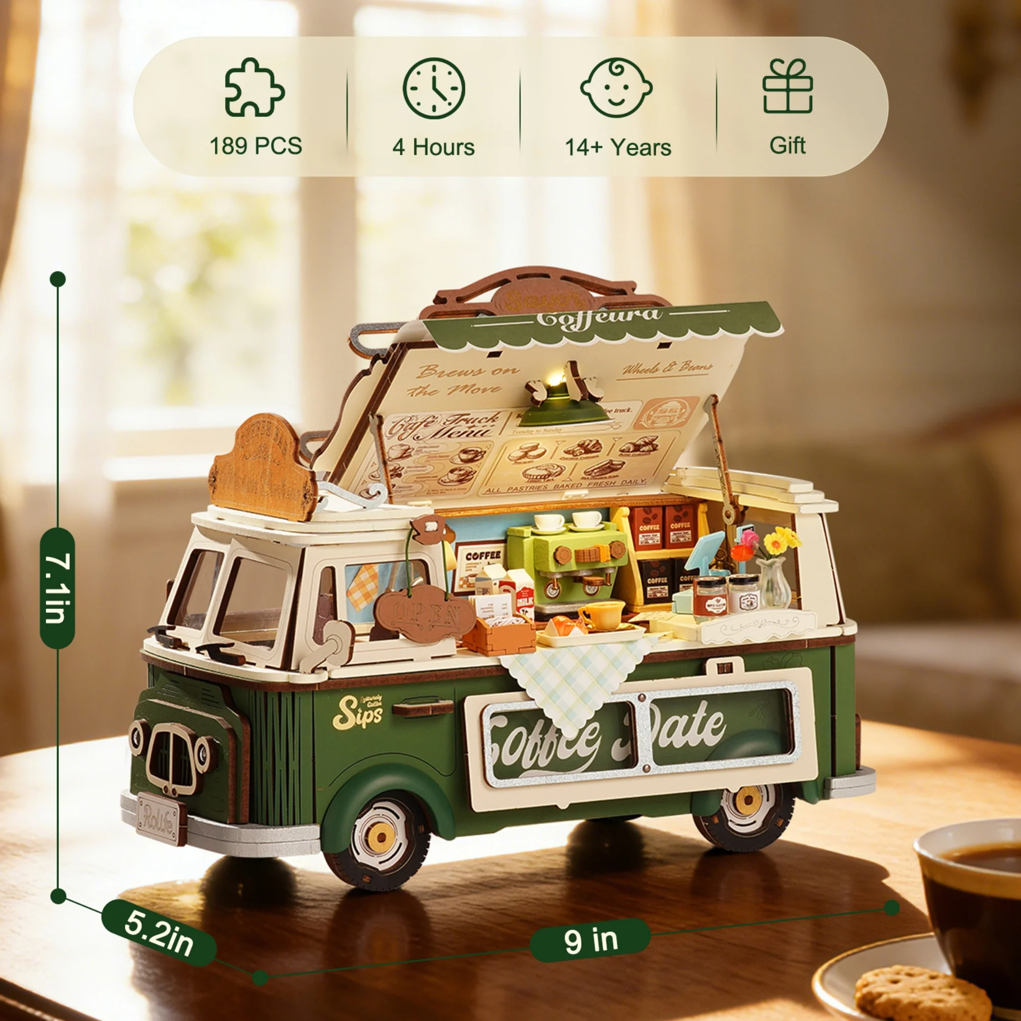 Rolife Wooden 3D Puzzle Leo's Coffee Truck Model Building Kit DIY Minature Dollhouse Toys for Home Decor Gift for Adults Teens