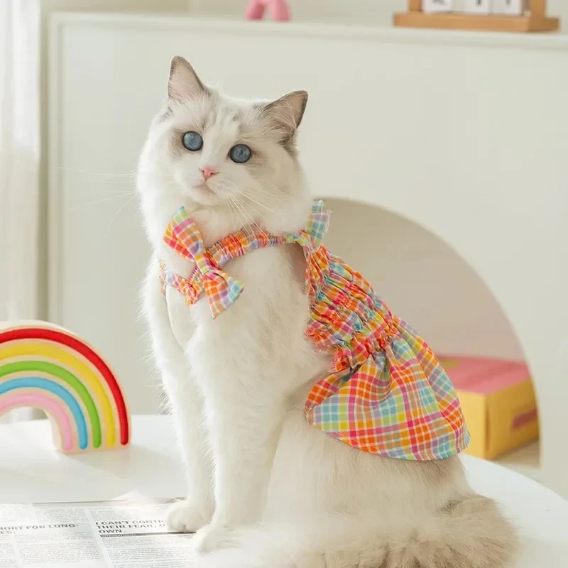 Vestiti per animali domestici Cat Puppy Princess Dress abiti scozzesi a righe con fiocco per gatti Kitten Dog Sphynx abbigliamento