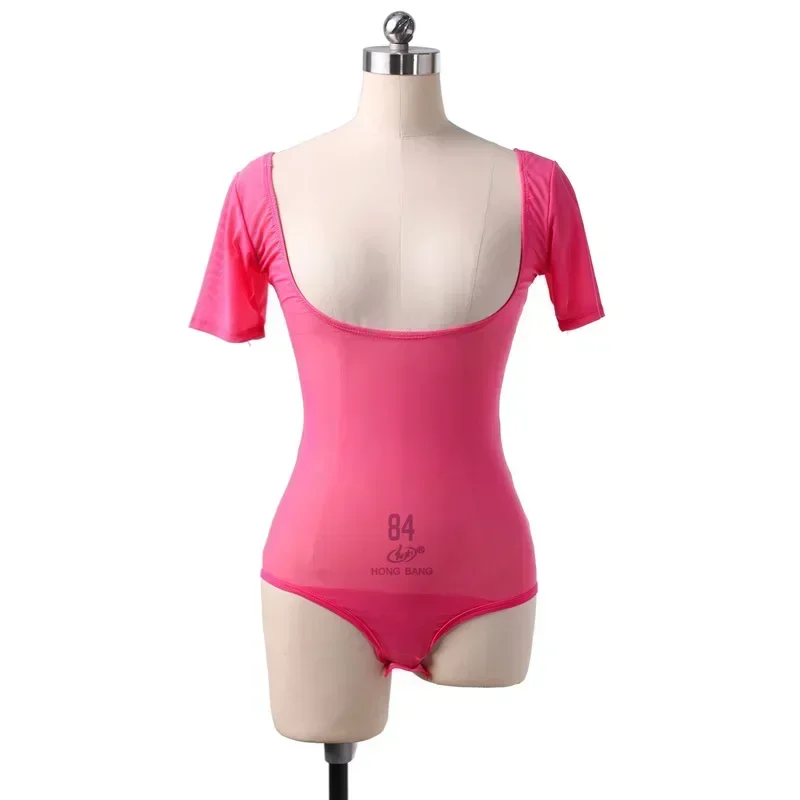 Women Upper Arm Shaper Chest Support Sexy Transparent Top Dancer Basic Wear Short Sleeve Sheer Open Bust  Leotard Jumpsuit Crop
