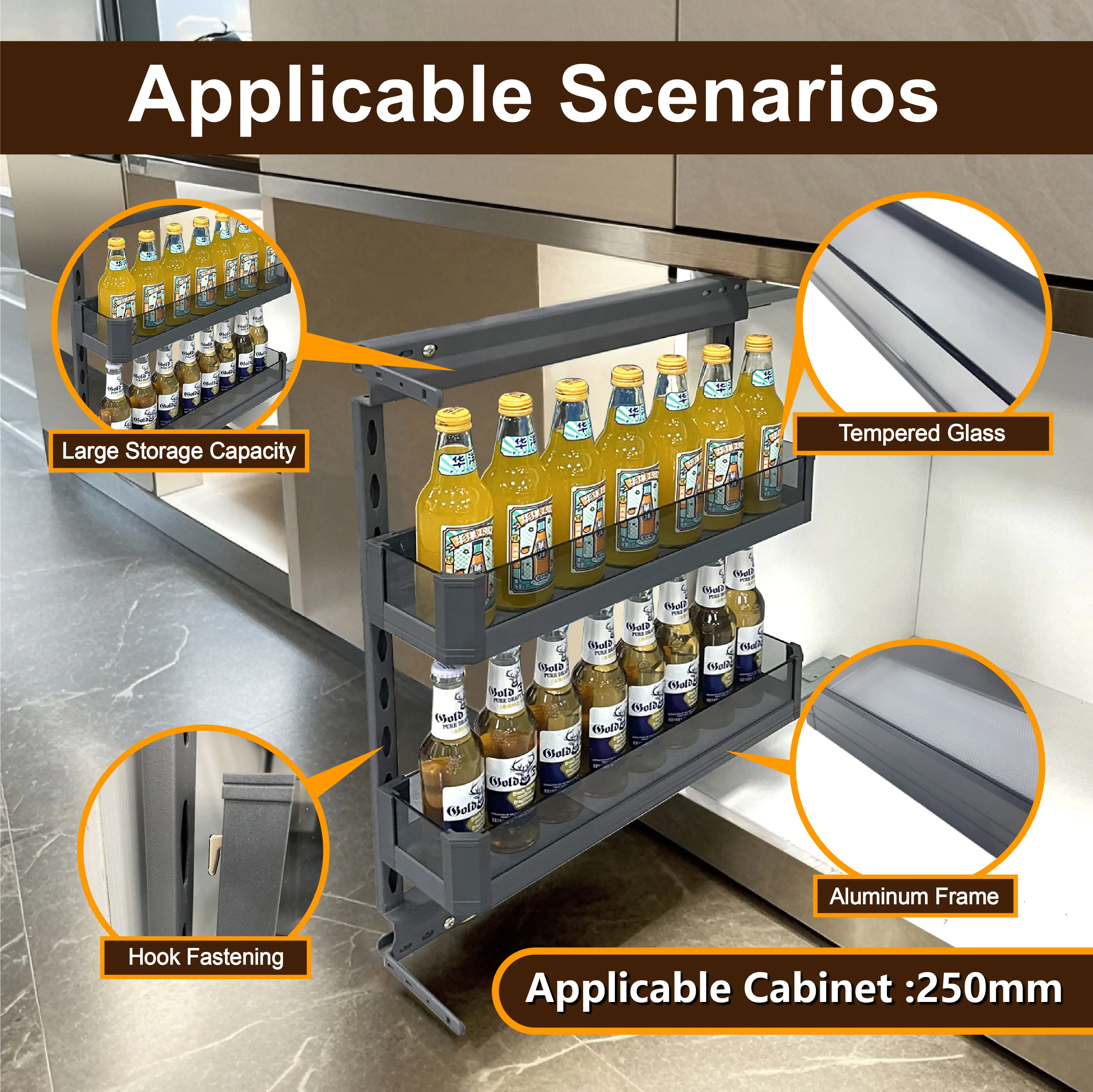 Factory Direct 2026 High Quality Modern Design 2-Tier Expandable Multi-Function Cabinet Pantry Organizer Shelf Glass Side Mounte