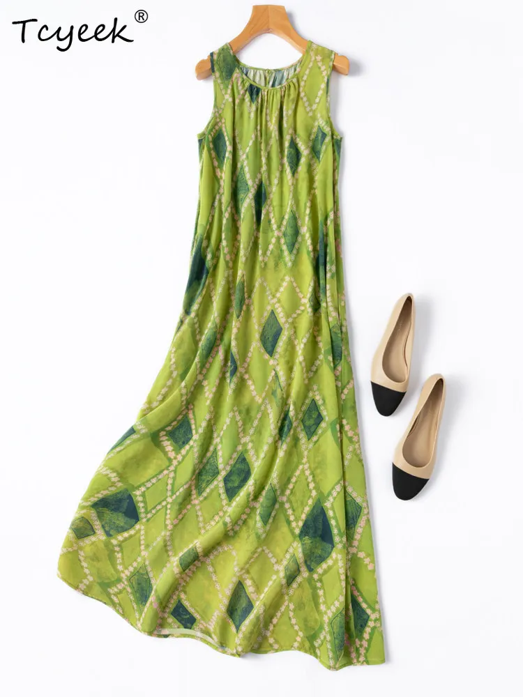

Пляжное платье Tcyeek из 100% шелка тутового шелкопряда, женская одежда 2026, элегантное женское платье в клетку с свободной талией, летнее платье Vestido Feminino