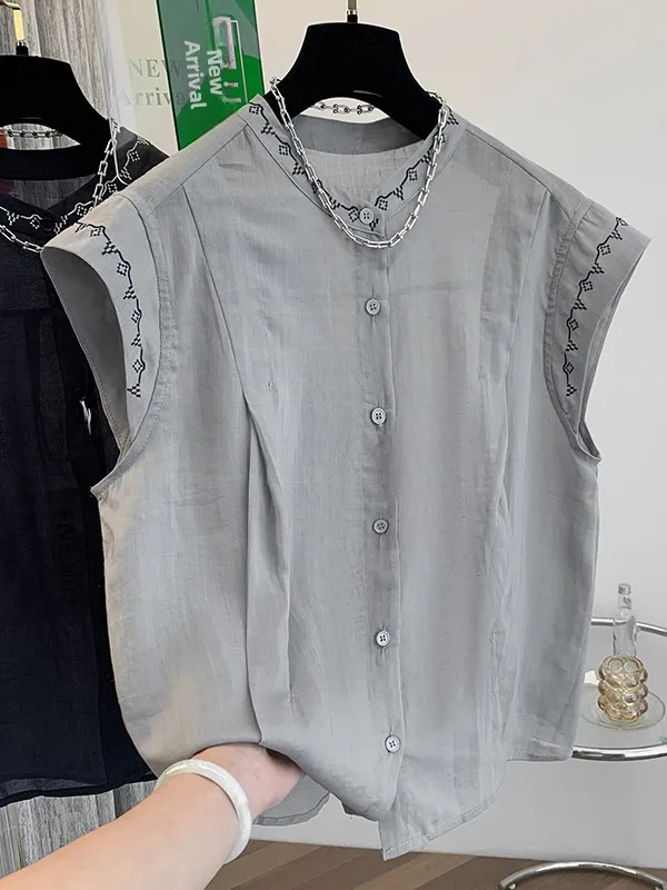 

Breathable Embroidered Cotton Linen Casual Svel irt Large Size Women's Single Button Stand Collar Loose oulder Top ...