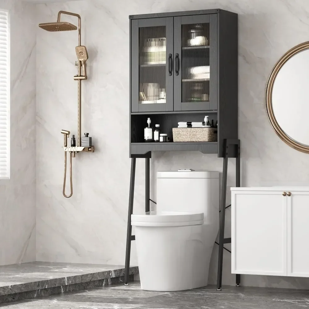 

over the toilet storage cabinet with tempered glass doors & adjustable shelf, bathroom organizer with metal stand space saver ov