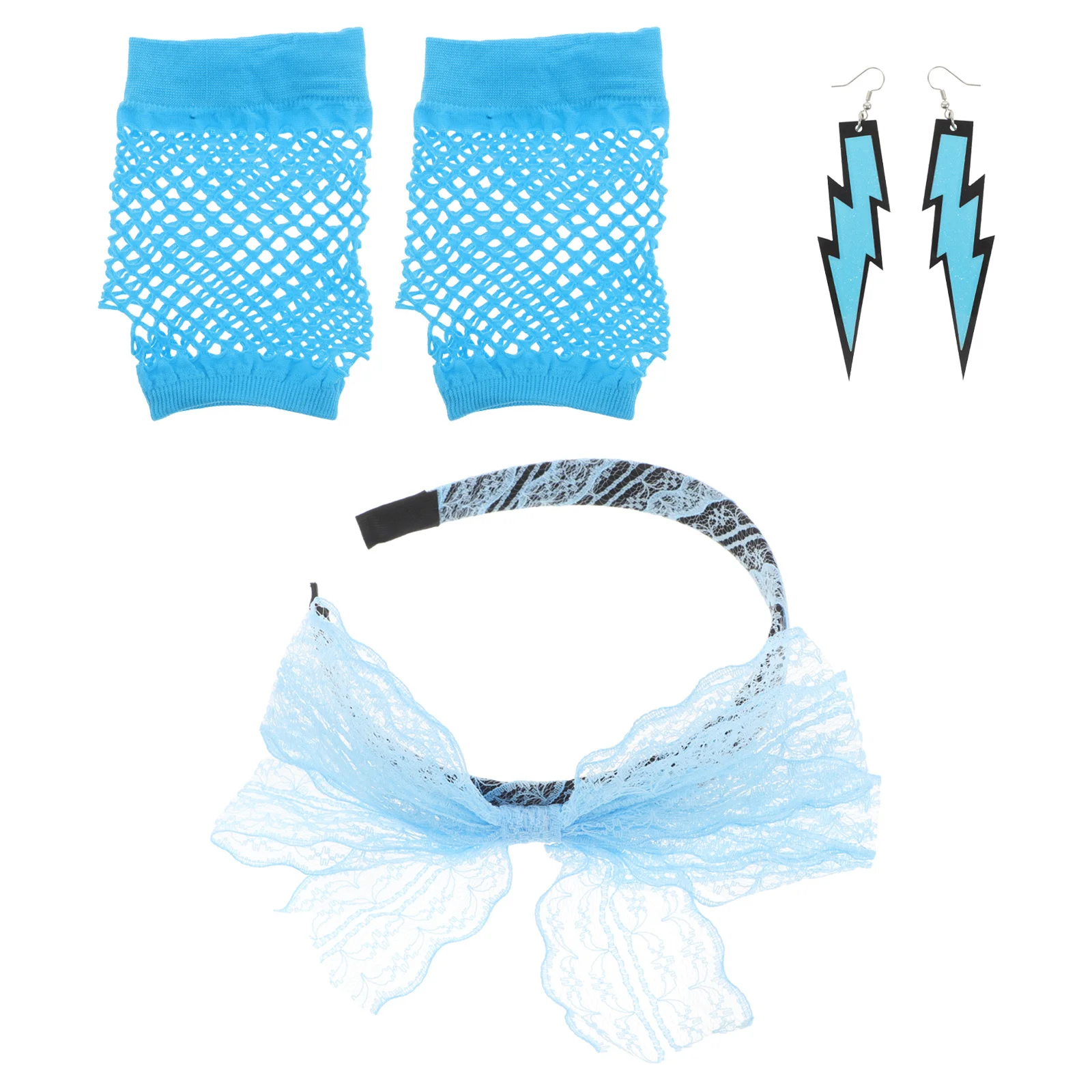 1 セットレトロパーティーアクセサリー 80S ネオンコスチュームレースヘッドバンドイヤリング網タイツ手袋女性のための仮装テーマイベント衣装