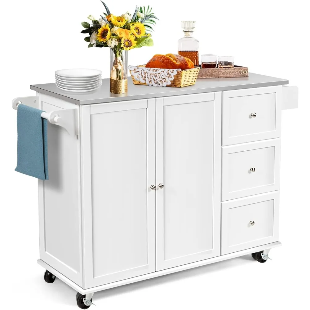 Kitchen Island-Chariot de service mobile à roulettes avec dessus de seau en acier inoxydable, étagères réglables, armoire à 2 portes, 3 égouts de proximité