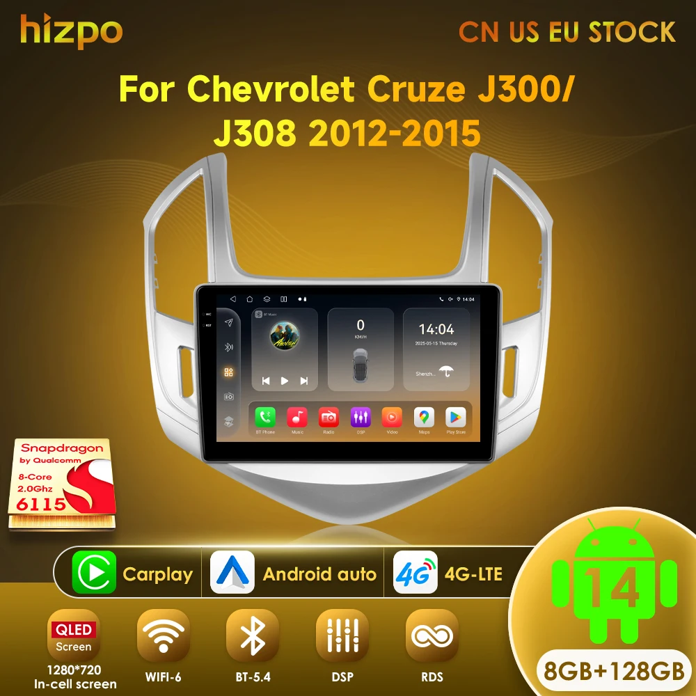 

Hizpo 2din Android 14, автомобильный радиоприемник Multimidia для Chevrolet Cruze J300 J308 2012-2015, видеоплеер, навигация, GPS, головное устройство Carplay
