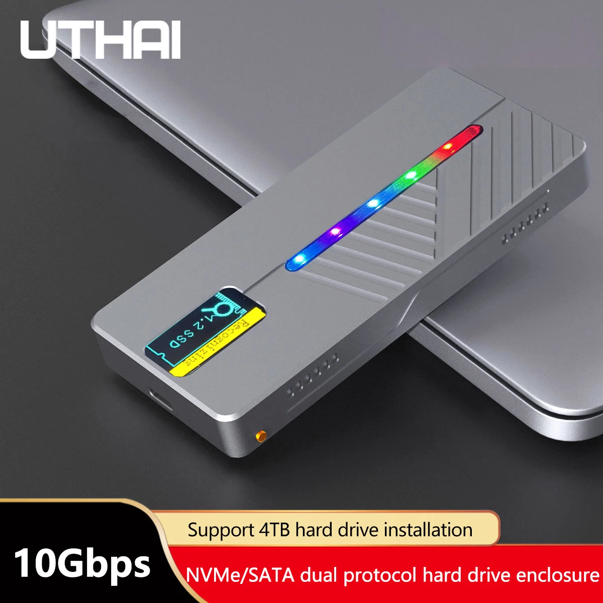 UTHA Intelligent Display M.2 Mobile Hard Disk Box 10GB Dual Protocol NVMe/NGFF Solid State Aluminum Alloy Shell