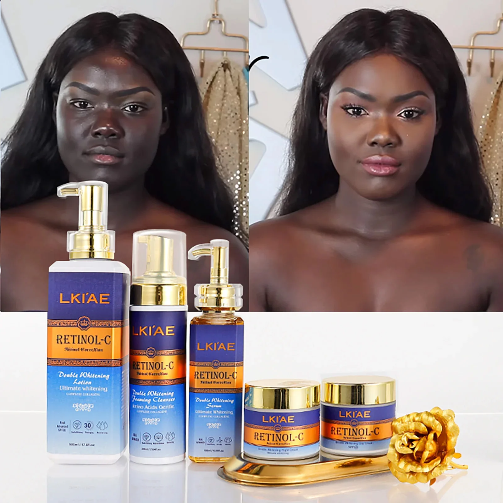LKIAE Advanced Retinol Conjunto de cuidados com a pele com clareamento duplo, hidratação profunda, pele limpa, reduz rugas, manchas, manchas escuras