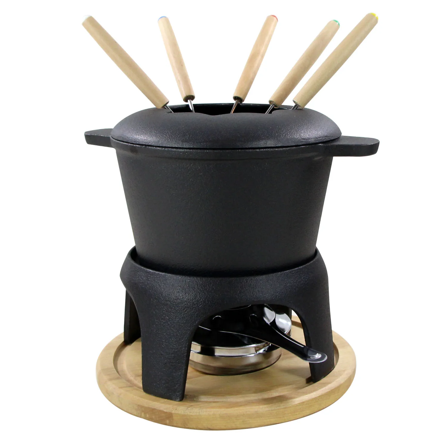 

Kitchen Matte Black Cast Iron Fondue Set Traditional Cheese Fondue Pot Set with Adjustable burner and 6 Color-tipped Forks