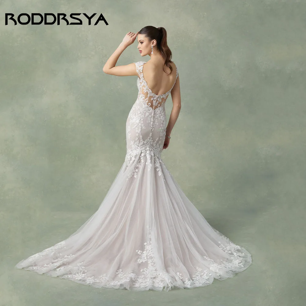 RODDRSY ilusión sirena vestido de novia tul cuello redondo mangas casquillo vestido de fiesta nupcial vestido de novia hecho a medida para mujeres 2024 RODDRSY ilusión sirena vestido de novia tul cuello redondo mangas