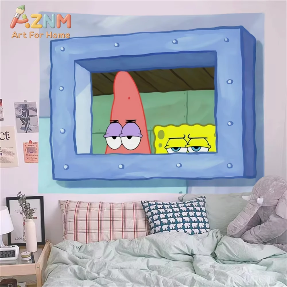 1pc   SpongeBob Squidward Cartoon Decoration Background Bedroom Tapestry Room Decor Festival Party canvas Wall art