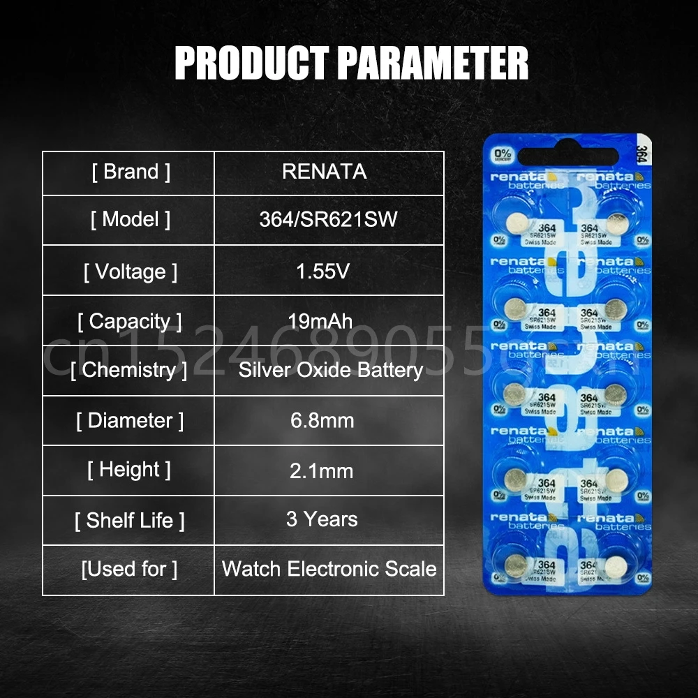 Original Brand New Renata 364 SR621SW AG1 LR60 GP364 164 EE6202 1.55V Silver Oxide Battery for LED Watch Calculator Toys