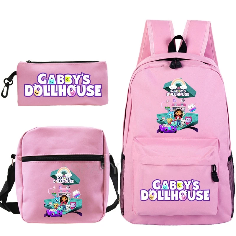 3 Pcs Set Gabbys Dollhouse Backpack Boy Girl Cartoon School Knapsack Kids Bookbag Students School Gift Teens Travel Bag Mochila