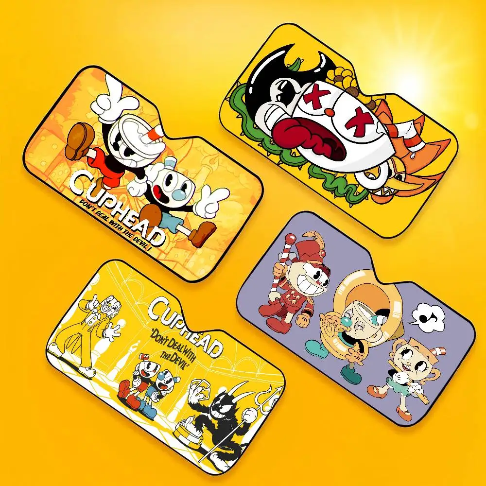 Funny C-Cuphead Cartoon Novelty Car Front Windshield Sunshade 70x130cm Cartoon Foils Car Window Windscreen Cover