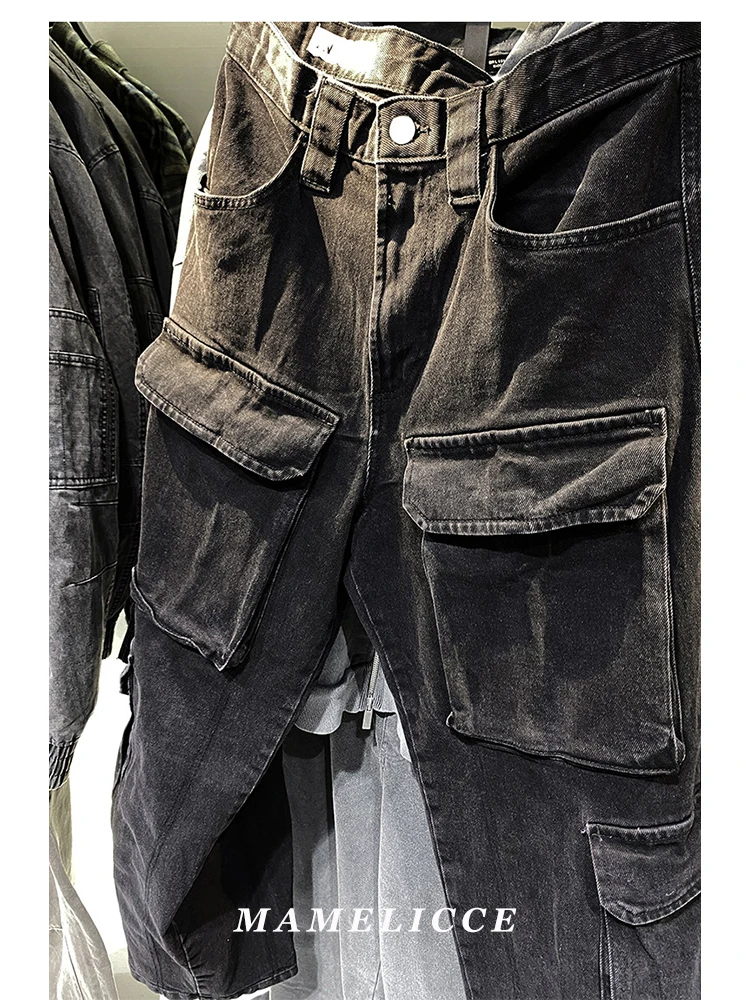 MAMELICCE Original design Men's loose multi-pocket cargo heavy wash water casual jeans pants