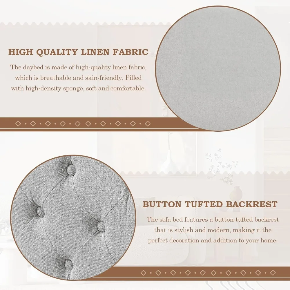 سرير نهاري مزدوج الحجم مع دولاب، أريكة منجدة ممتدة من الكتان مع درجين للتخزين، إطار سرير نهاري من الخشب معنقدة بزر