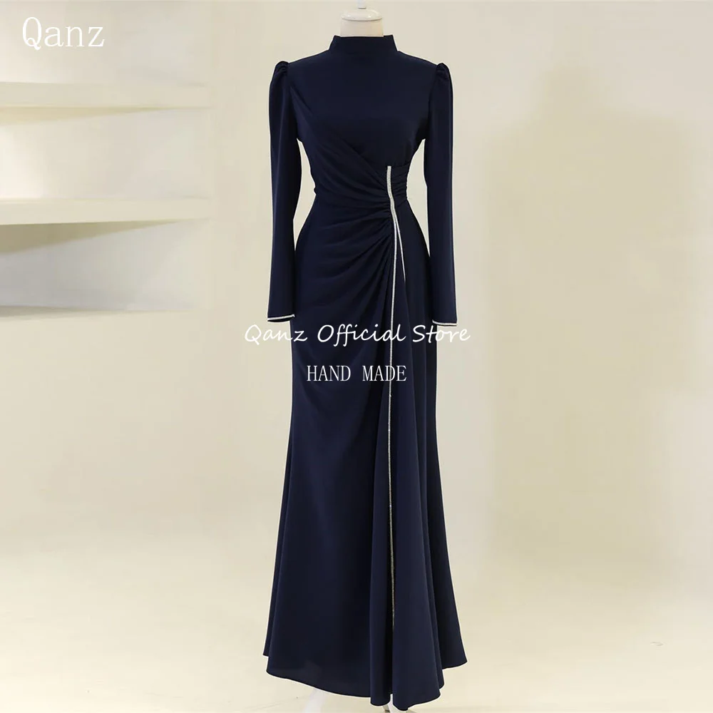 

Qanz Modest Navy Blue Evening Dresses Long Sleeves Satin Mermaid Formal Occasion Dresses Crysatl Prom Dresses 2025 Customized