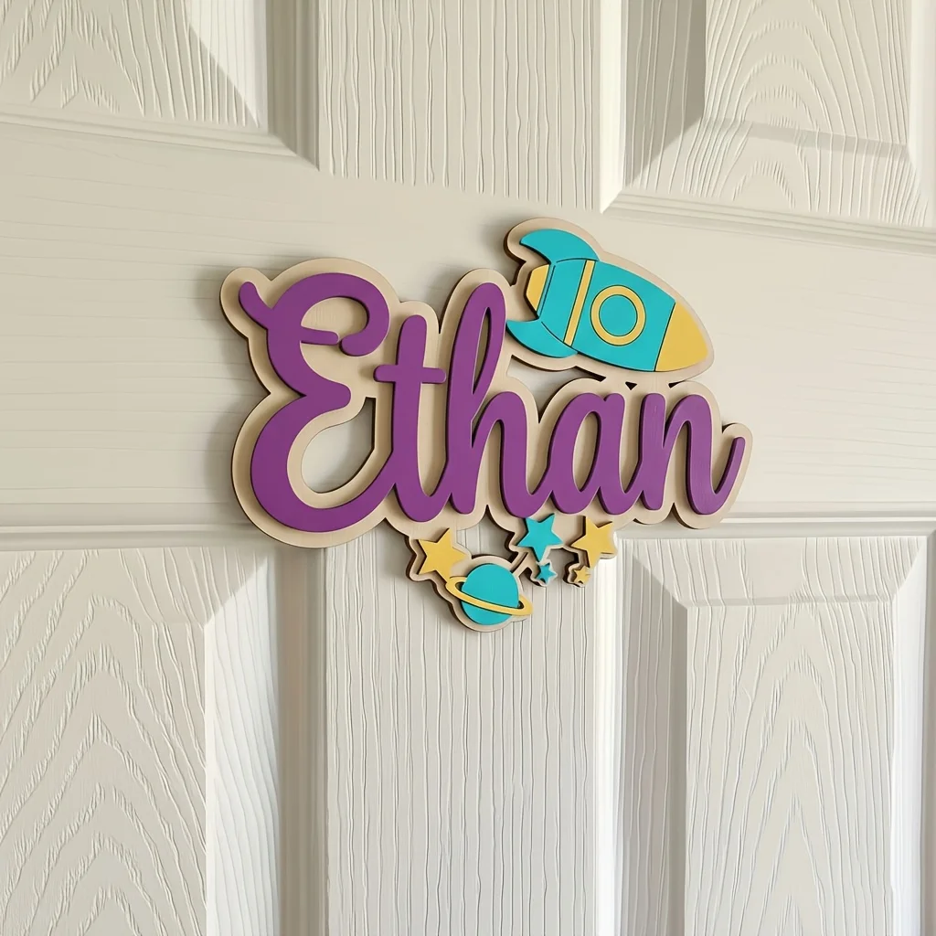 Customized Wooden Rocket Name Plaque for Kids Emerald Green & Yellow Themed Wall Decor with Durable Star & Planet Accents