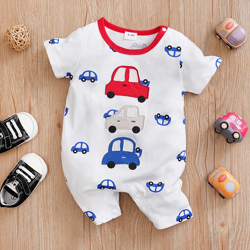 Summer Boys And Girls Cute Cartoon Car Embroidery Cotton Comfortable Casual Short Sleeve Baby Bodysuit