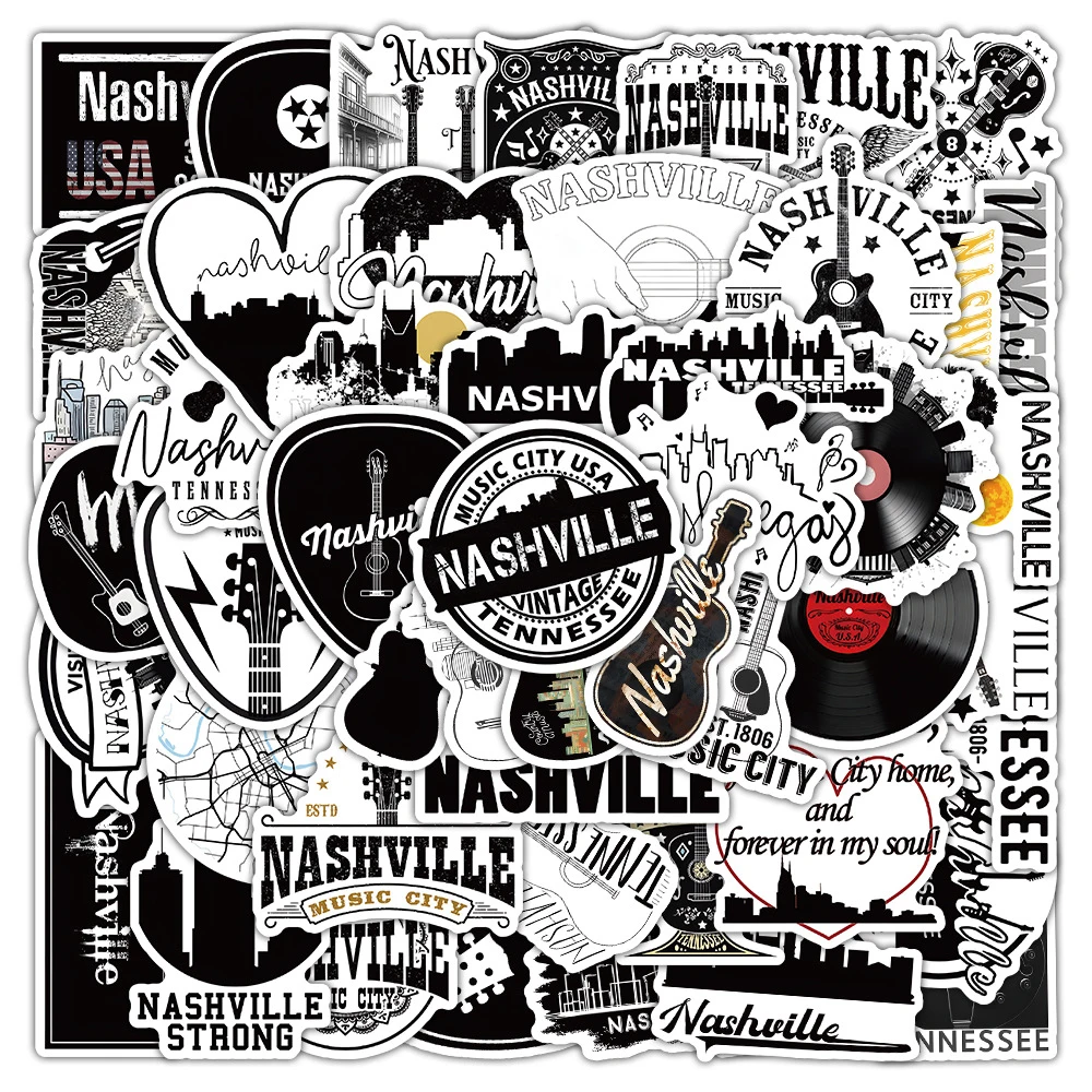 10/30/50pcs Black White Nashville Music City Stickers DIY Skateboard Helmet Stationery Phone Waterproof Cool Cartoon Sticker Toy