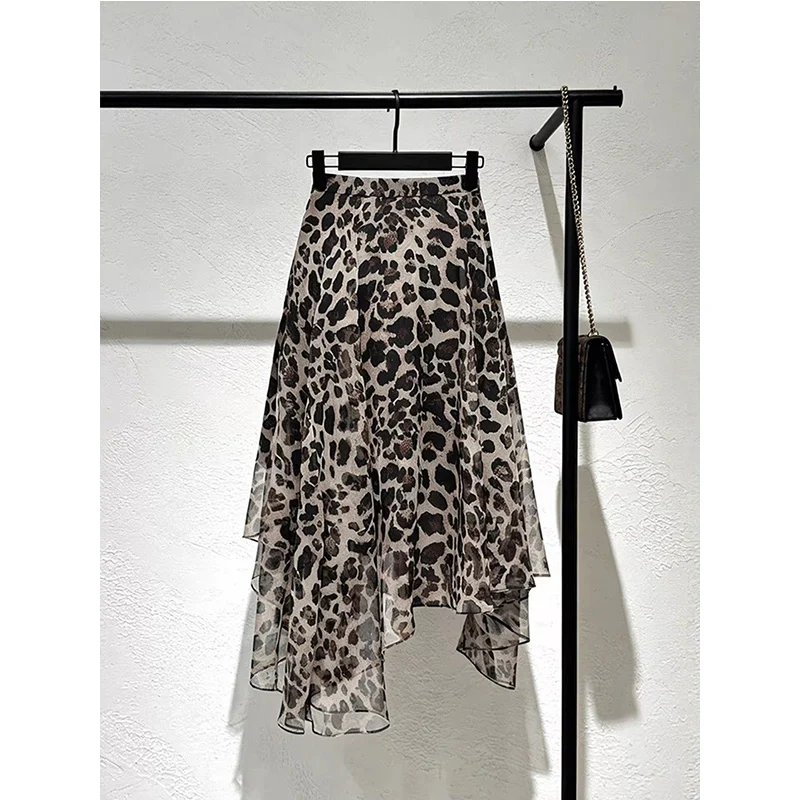 2026 Spring Summer New Korean Fashion Leopard Elastic Waist A-line Skirt Women Clothes Vintage Irregular Net Yarn Pleated Skirt