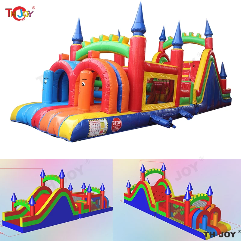 Popular Team Work Rush Race Game Castle Inflatable Obstacle Course,Giant Commercial Inflatable Obstacle Course With Bounce Slide