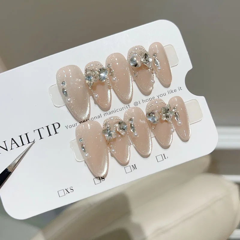 10 Stück nackte Katzenaugen-Kurze Mandel-Kunstnägel mit Kleber, tragbar, handgefertigt, falscher Schmetterling, Diamant-Design, zum Aufdrücken der Nagelspitze, Kunst – Detail 6