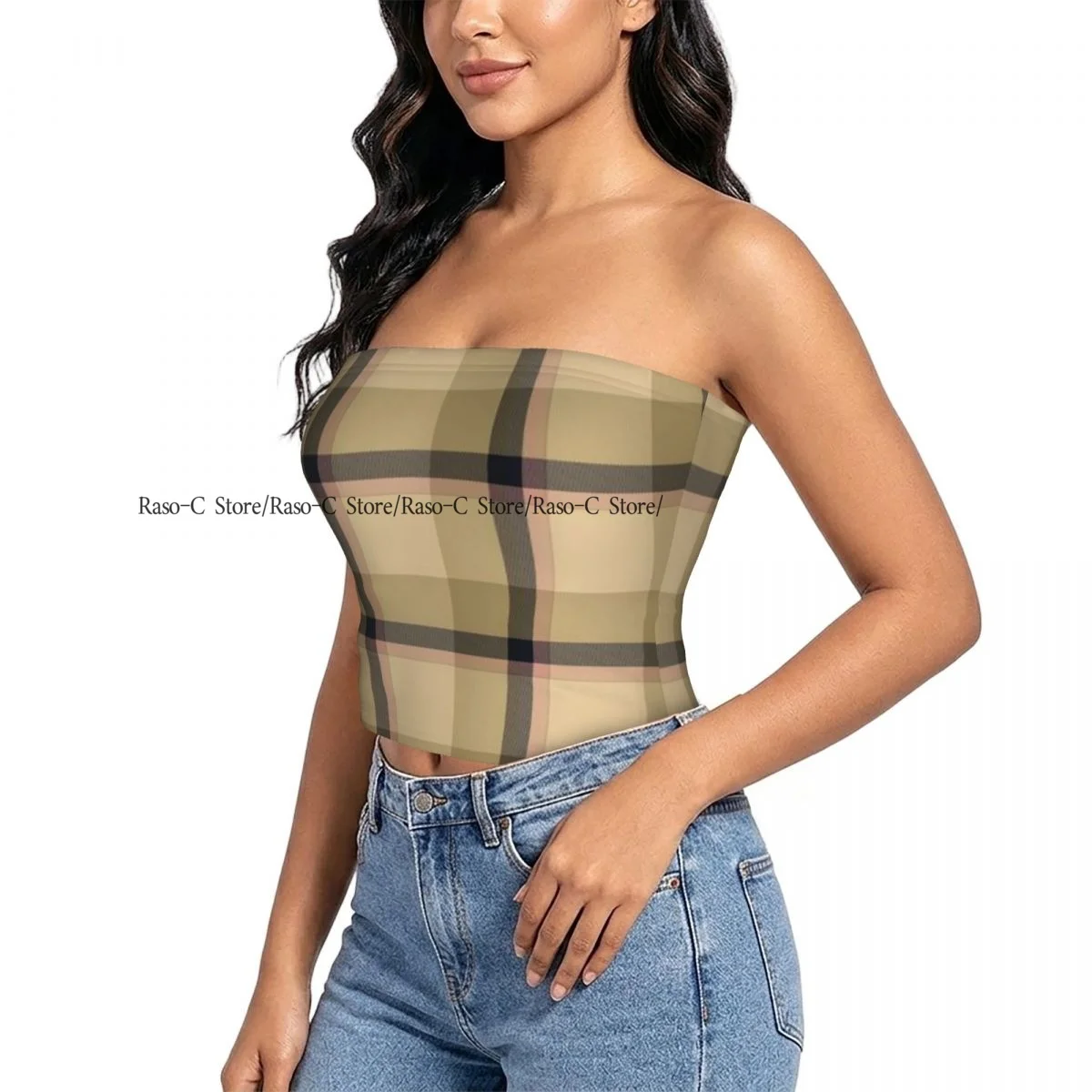 Strapless Sexy Tube Tops Summer Outfits Women Backless Shoulder Wrap Tartan Art Female Crop Top