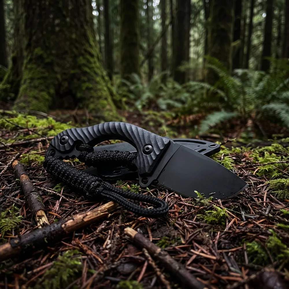 Black Mini Fixed Blade EDC Knife with Sheath Paracord Wrist Lanyard Lightweight Fishing Tool for Camping Bushcraft Daily Use