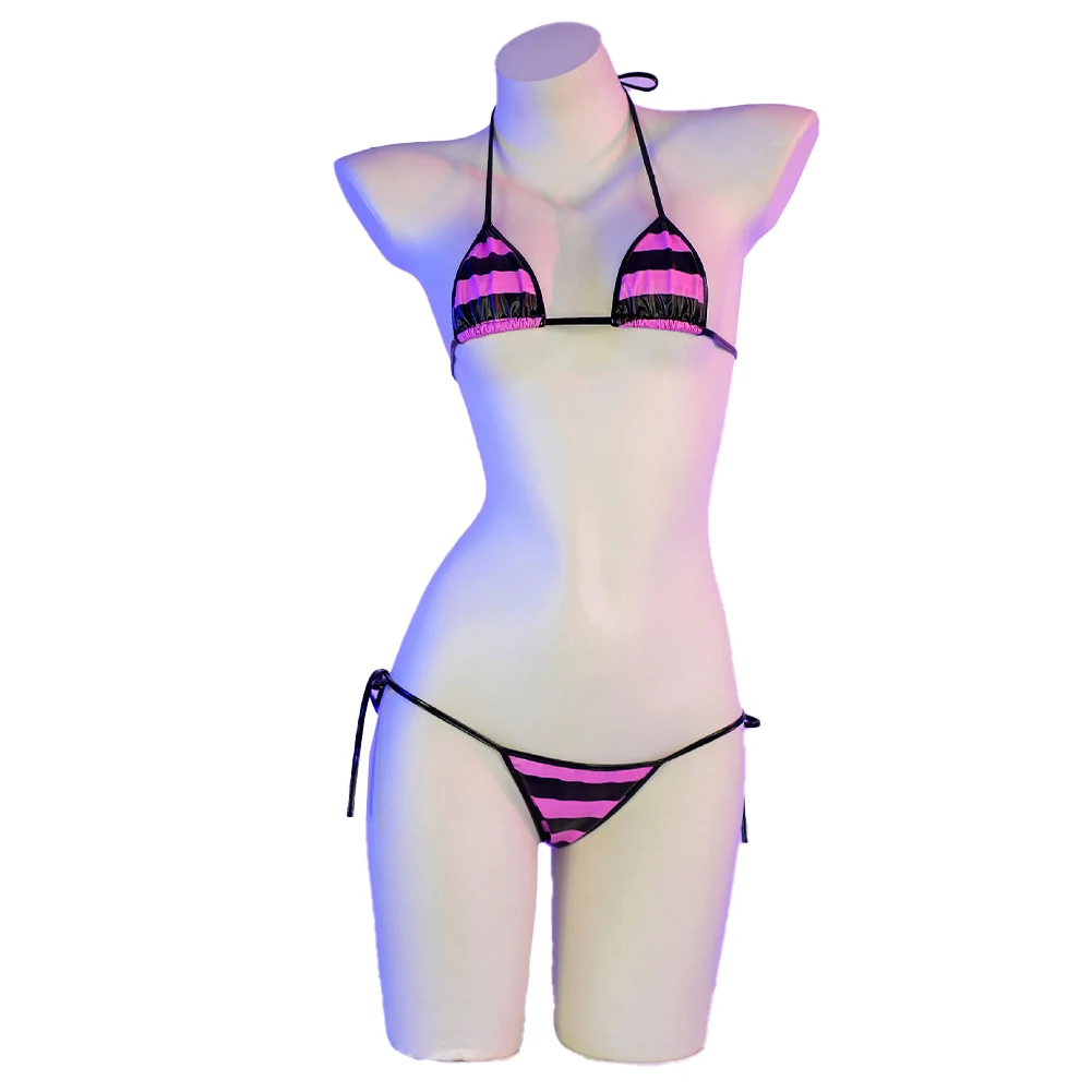 بكيني نسائي مثير من الجلد اللامع ، طقم ملابس داخلية برباط مطبوع مخطط