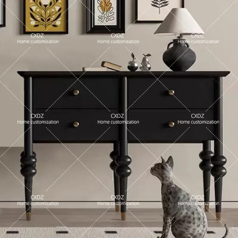 Medieval Style Entrance Cabinet Light Luxury Solid Wood Black Entryway Table Storage Decorative Wall Side Cabinet